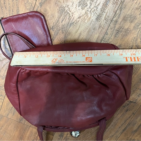 Vintage red leather ball clasp close purse canvas lined attach coin bag straps - Picture 15 of 16